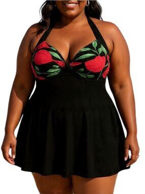 Cocoship Size 14 Black One Piece Swimsuit Vintage Pin Up Floral Tummy Control